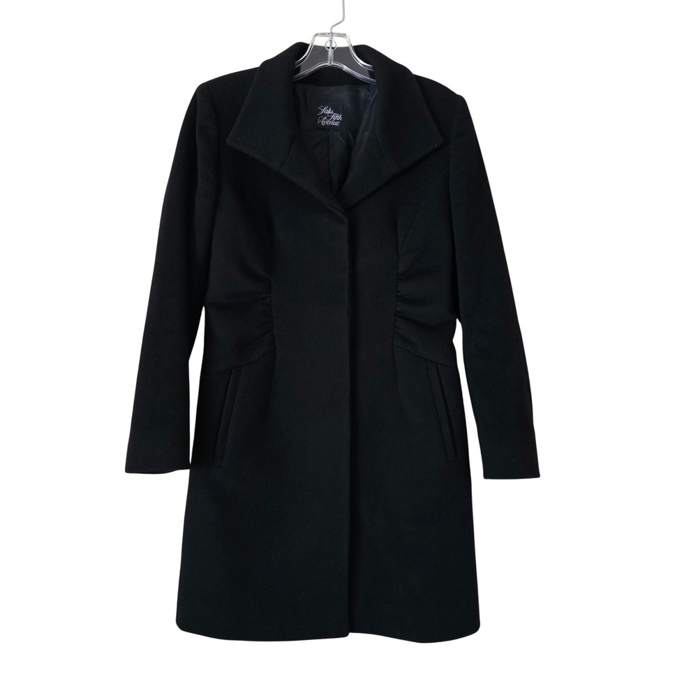Saks Fifth Avenue Black Wool Cashmere Ruched Waist Coat Jacket Womens Size 4